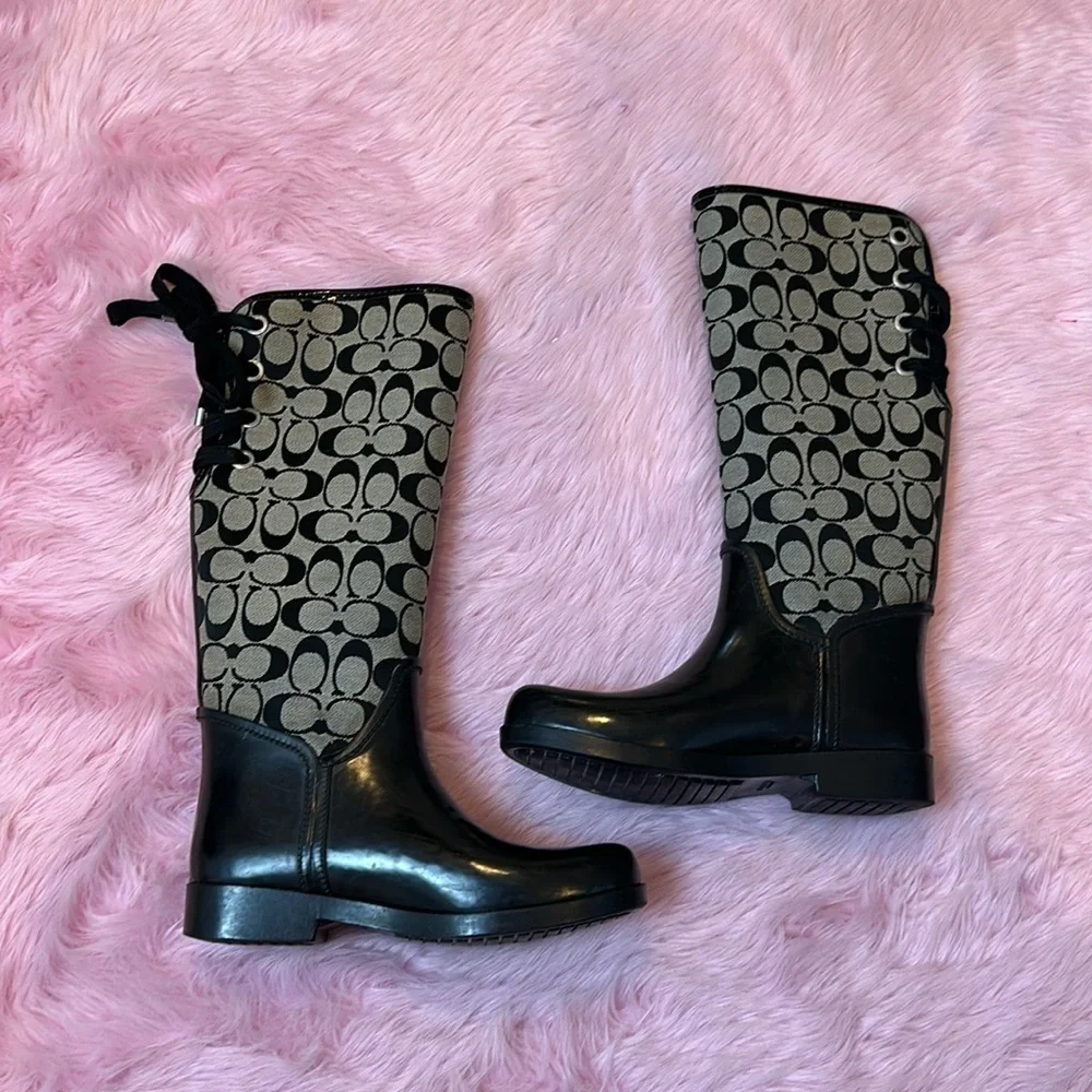 Coach black & gray monogram rain boots size 7